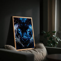 Blue Neon Panther | Fierce Jungle Cat Wall Art Print - Print