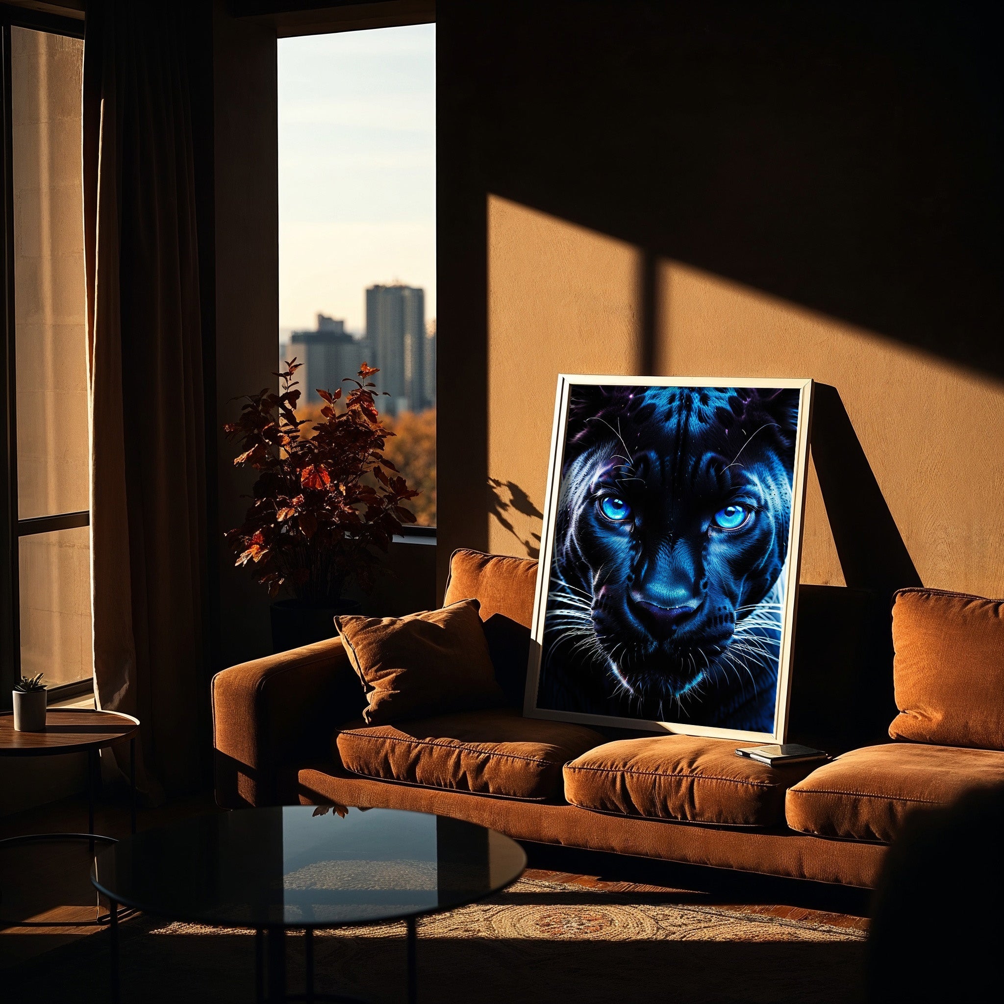 Blue Neon Panther | Fierce Jungle Cat Wall Art Print - Print