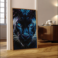 Blue Neon Panther | Fierce Jungle Cat Wall Art Print - Print