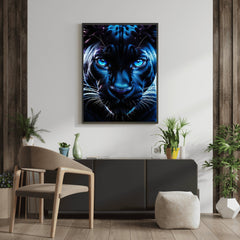 Blue Neon Panther | Fierce Jungle Cat Wall Art Print - Print