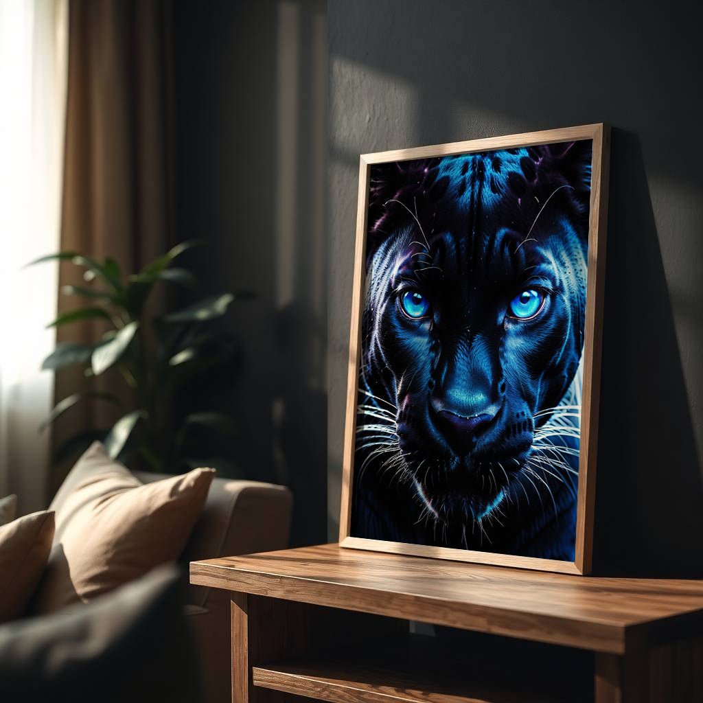 Blue Neon Panther | Fierce Jungle Cat Wall Art Print - Print