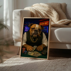 Framed picture of a dog with a cigar and money on a table in a cozy living room.