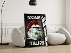 Money Talks pop art wall print featuring bold red lips holding a dollar bill with white typography.