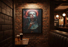 Artistic depiction of a religious figure on a brick wall in a bar setting.