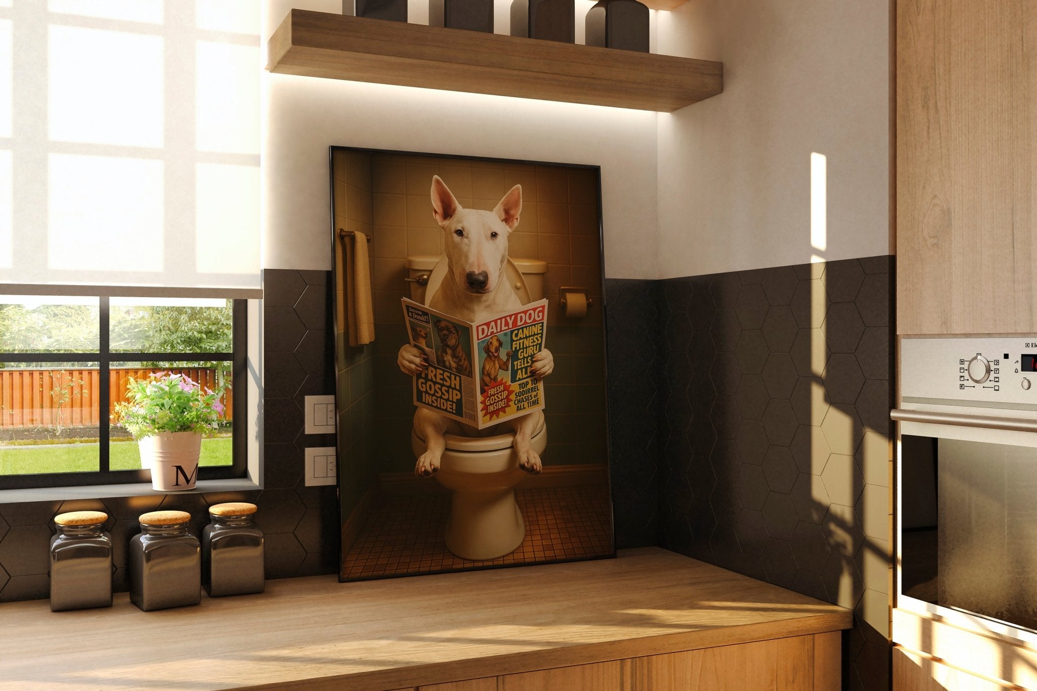 Bull Terrier On The Toilet | Funny Dog Bathroom Wall Art Print - Print