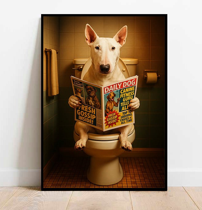 Bull Terrier On The Toilet | Funny Dog Bathroom Wall Art Print - Print