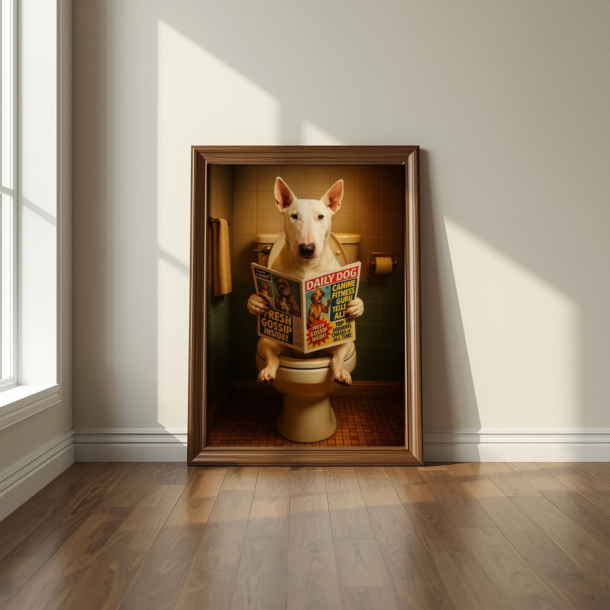 Bull Terrier On The Toilet | Funny Dog Bathroom Wall Art Print - Print