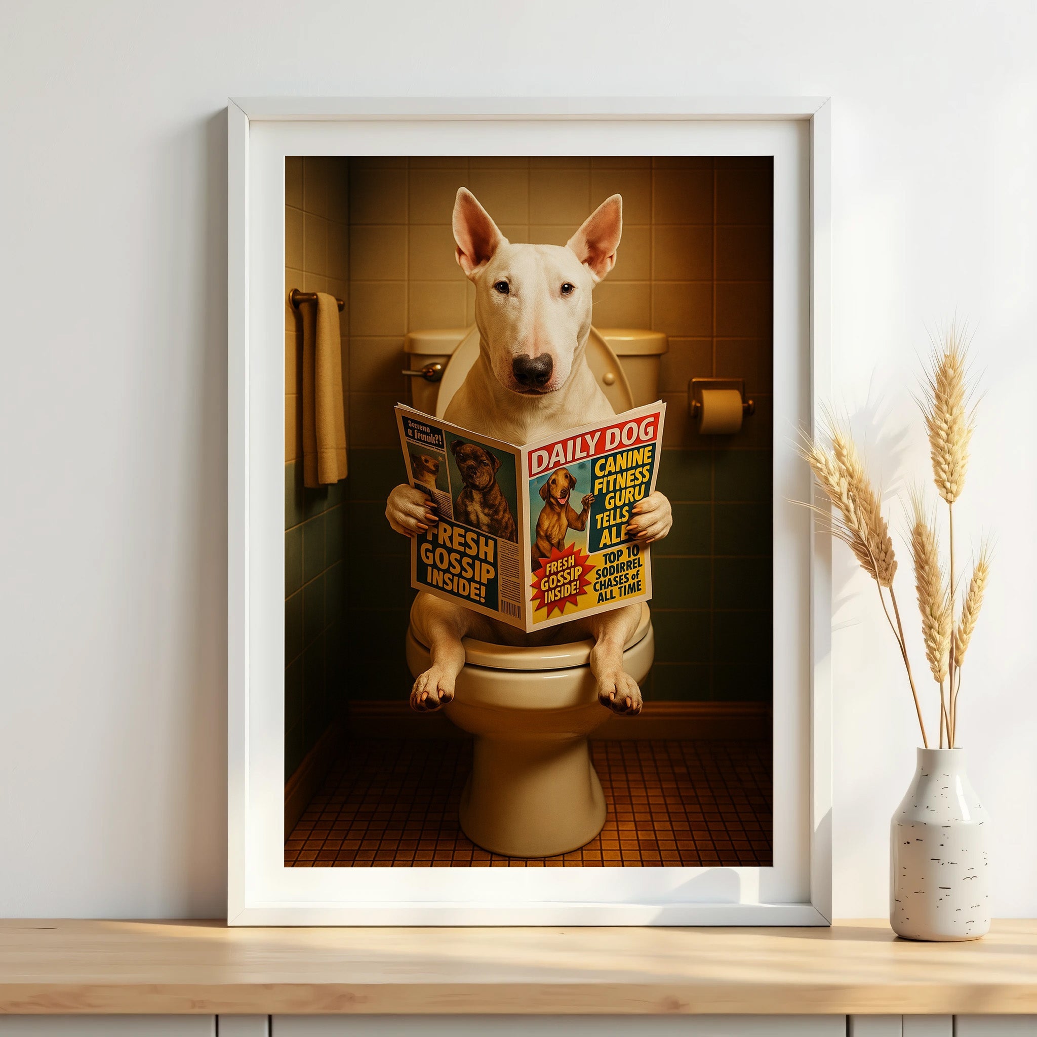 Bull Terrier On The Toilet | Funny Dog Bathroom Wall Art Print - Print