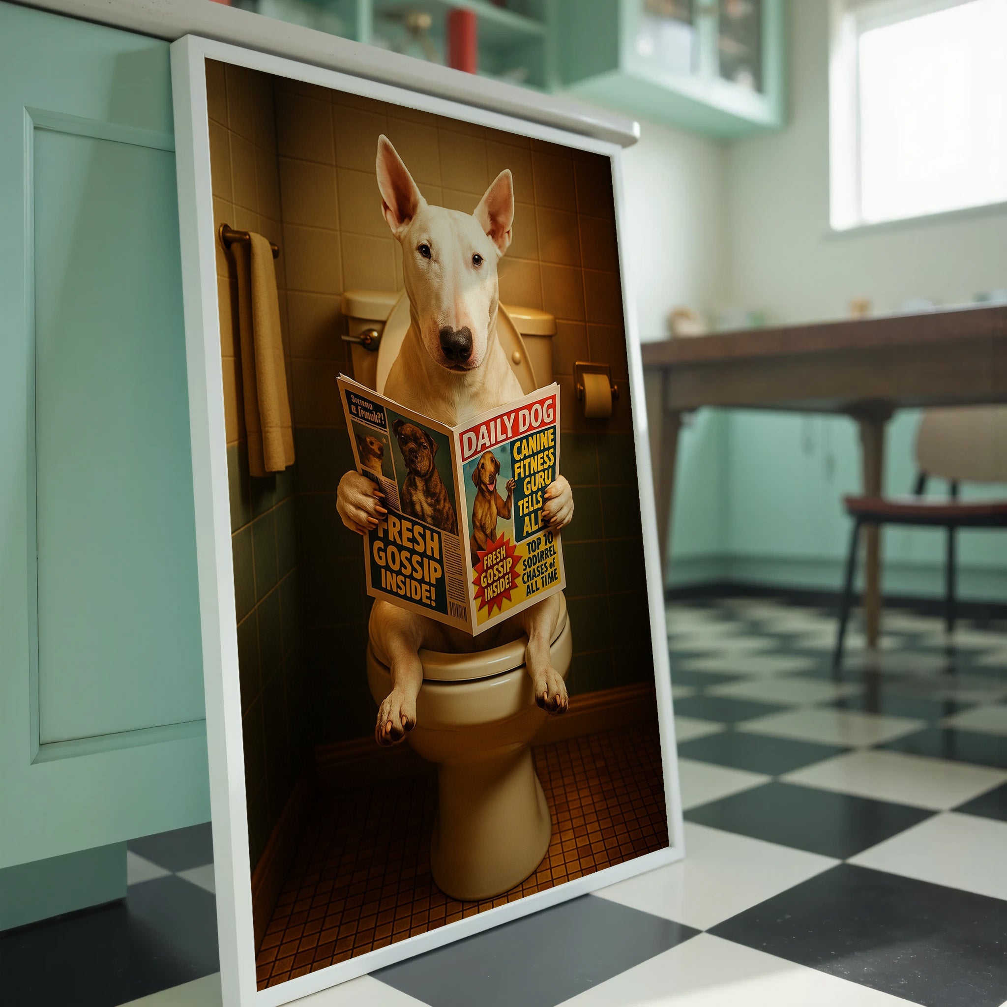 Bull Terrier On The Toilet | Funny Dog Bathroom Wall Art Print - Print