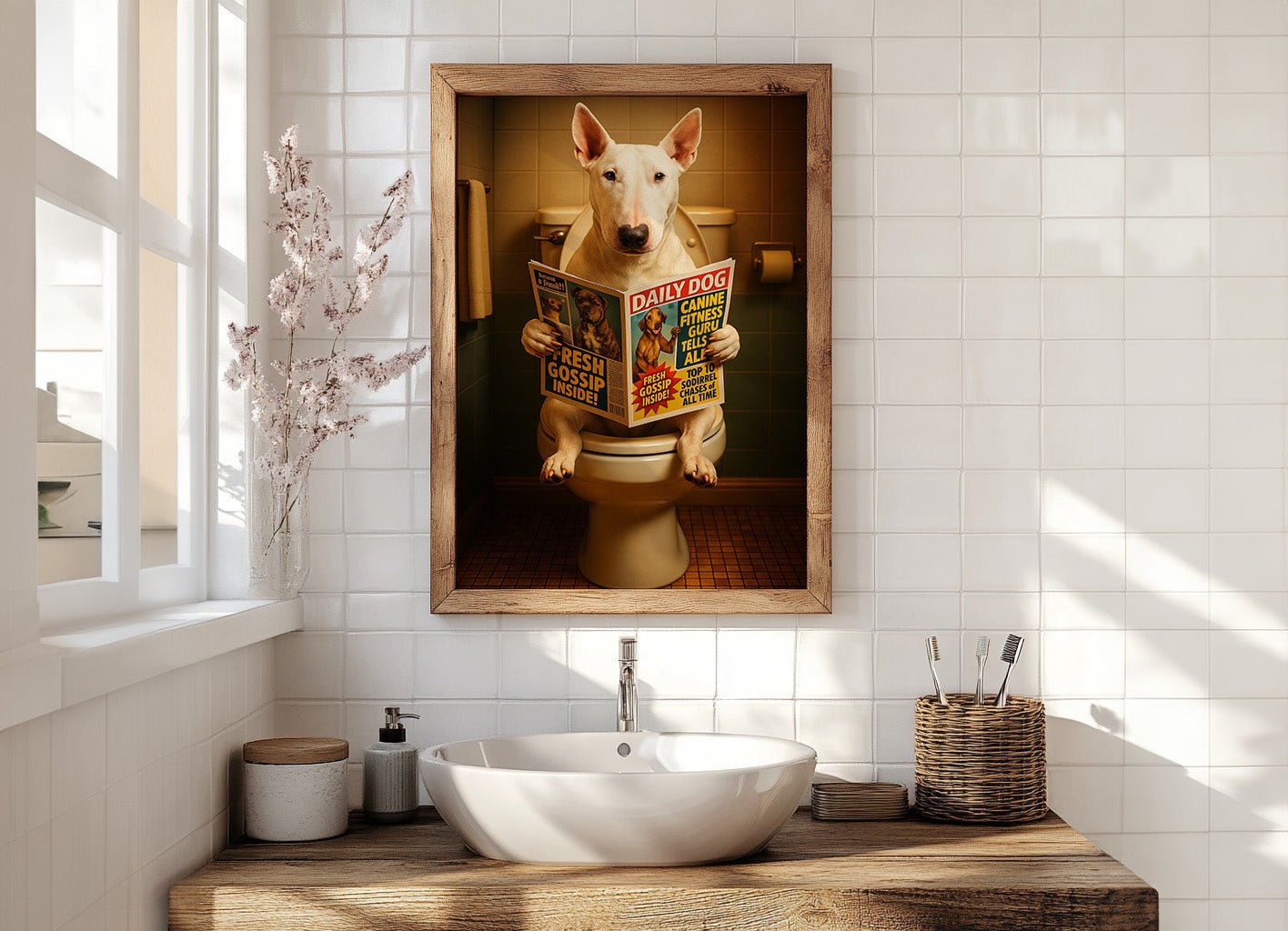 Bull Terrier On The Toilet | Funny Dog Bathroom Wall Art Print - Print