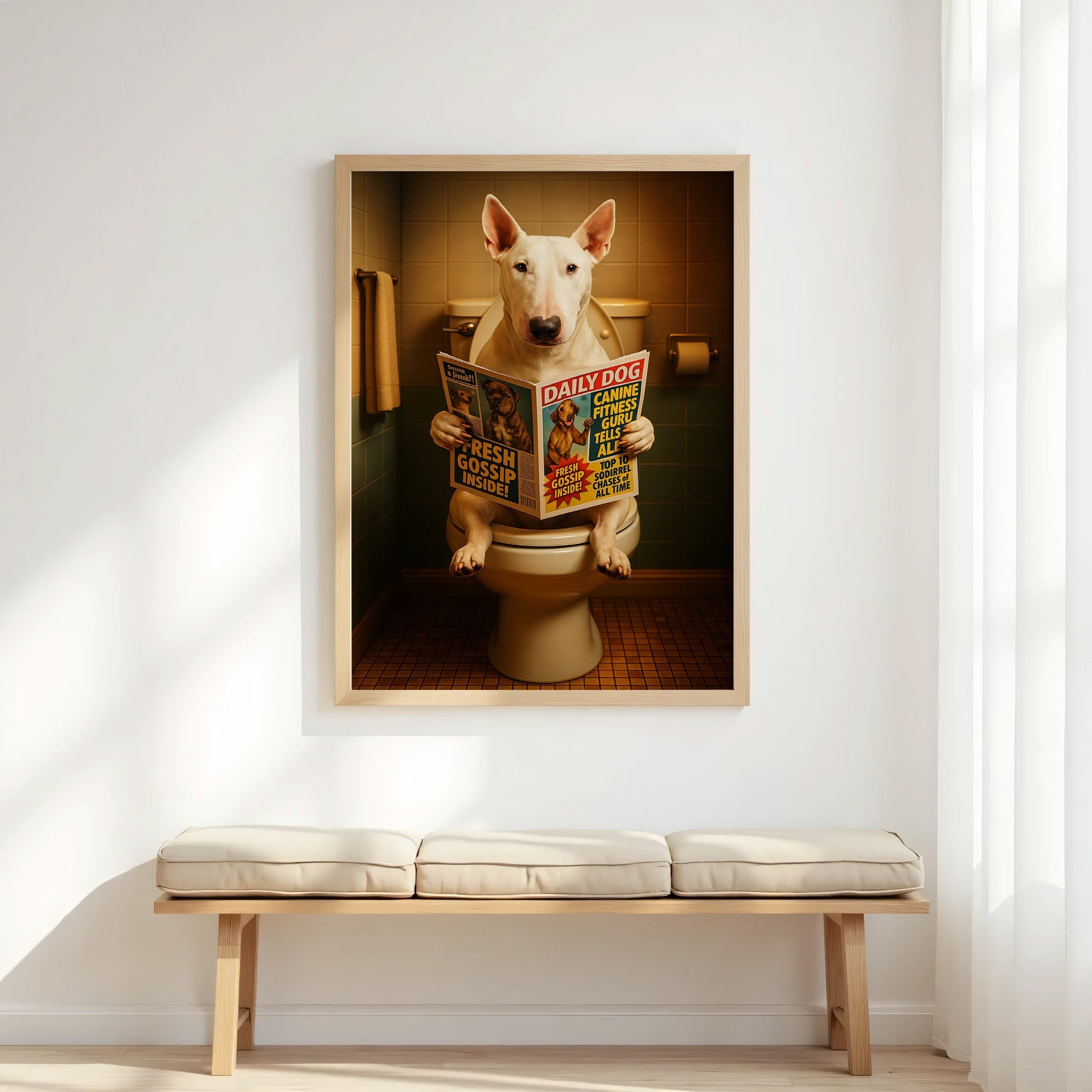 Bull Terrier On The Toilet | Funny Dog Bathroom Wall Art Print - Print