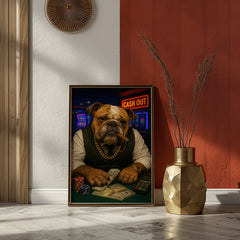 Framed picture of a dog with money on a table in a room with a red wall and gold vase.