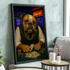 Framed picture of a dog at a casino table with money and chips, sitting on a table.