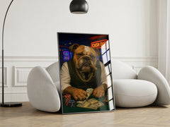 Framed artwork of a bulldog in a stylish outfit with money and cards on a white chair.