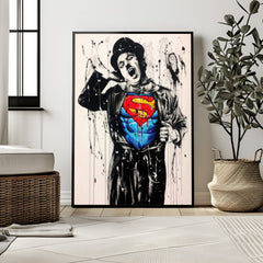 Framed artwork of a character with a Superman logo in a modern room.