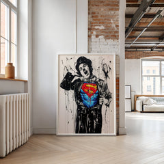 Framed artwork of a character wearing a Superman costume in a modern room.