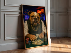 Framed artwork of a bulldog in a casino setting with money and cards.