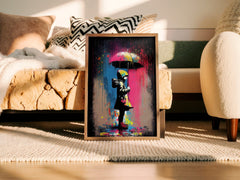Framed artwork of a colorful rain scene with a child holding an umbrella in a living room setting.
