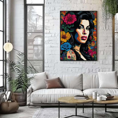 Living room with a white sofa, coffee table, and a colorful painting of a woman's face with flowers on the wall.