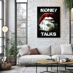 Contemporary pop art Money Talks wall art print, rebellious design with lips and dollar bill.