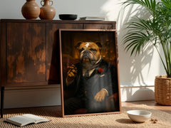 Framed portrait of a bulldog in formal attire on a wooden floor with a cabinet and plant in the background.