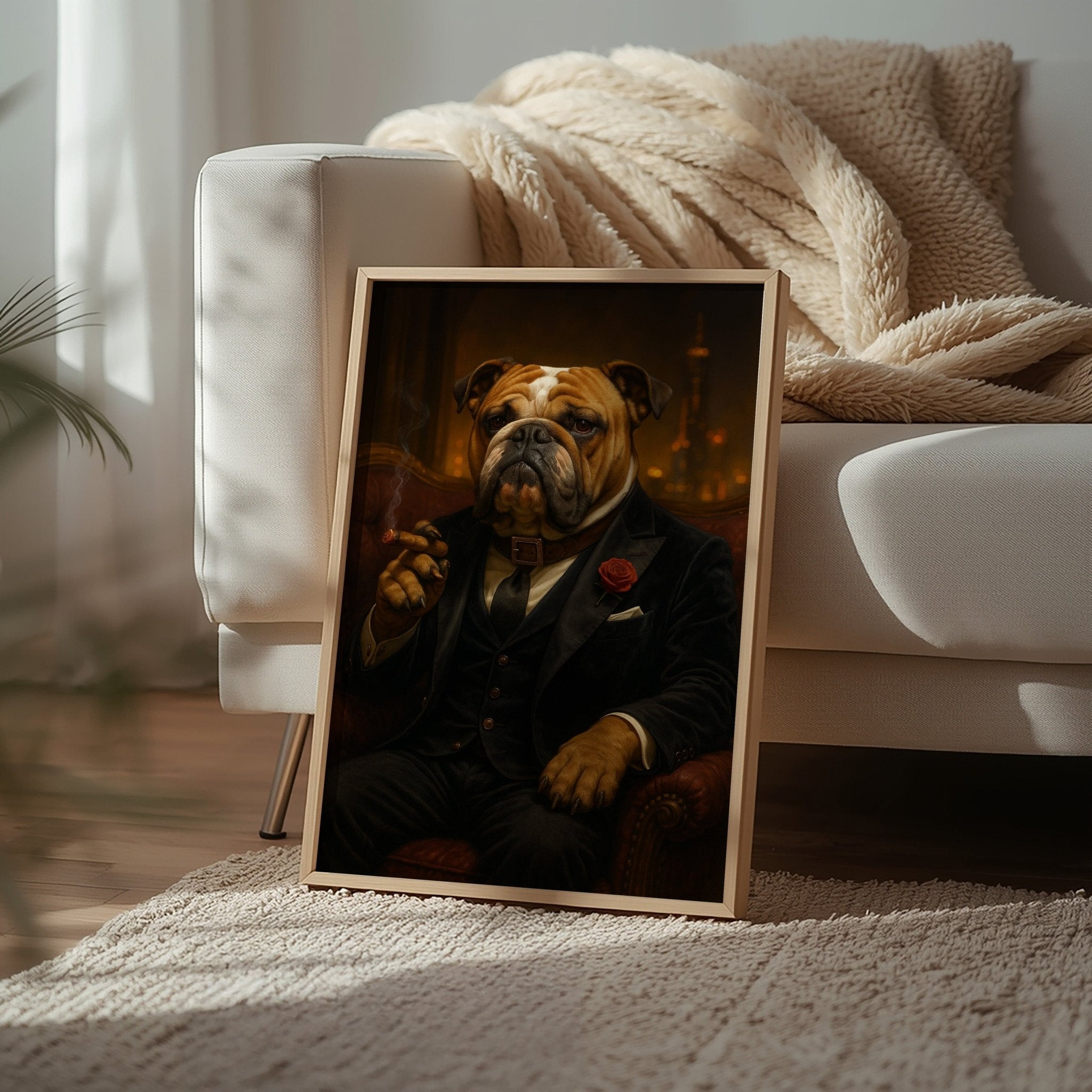 Framed portrait of a dog dressed in formal attire on a carpeted floor with a cozy chair in the background.