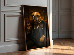 Framed portrait of a dog in formal attire leaning against a wall.