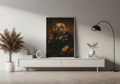 Living room with a framed painting of a dog in formal attire on a white wall.
