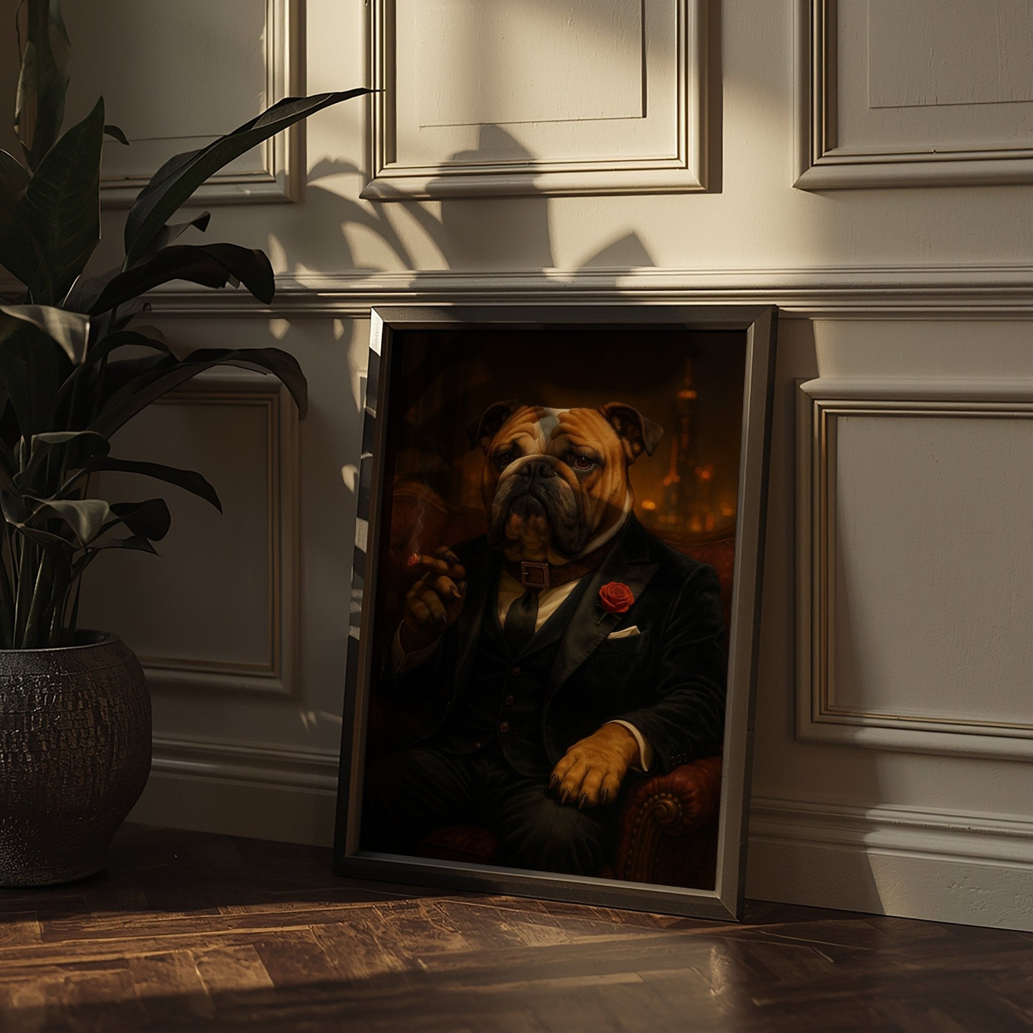 Framed portrait of a dog in formal attire on a wooden floor with a plant in the background.