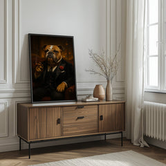 Wooden sideboard with a framed portrait of a dog in a room with a large window.