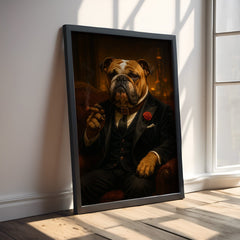 Framed portrait of a bulldog in formal attire on a wooden floor with sunlight streaming through a window.
