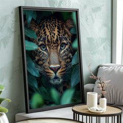 Framed artwork of a leopard surrounded by leaves in a living room setting.