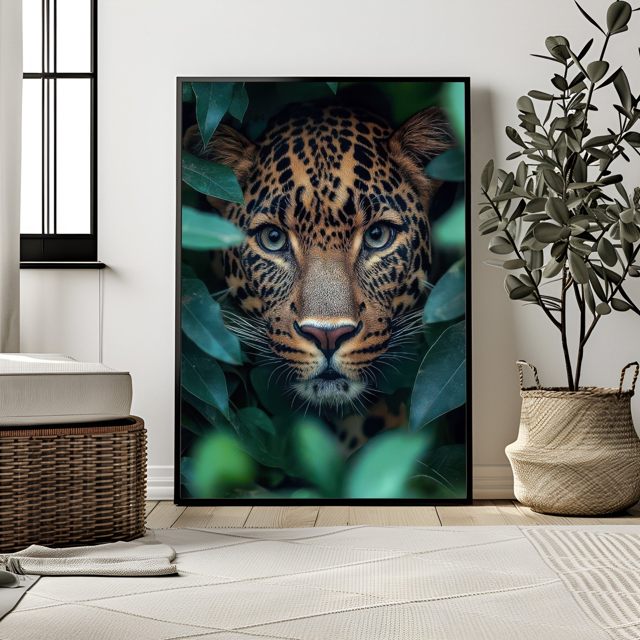 Framed artwork of a leopard surrounded by leaves in a modern room.