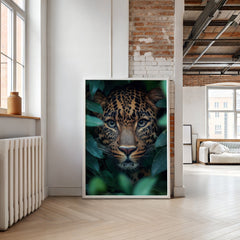Framed artwork of a leopard surrounded by leaves in a modern living room.