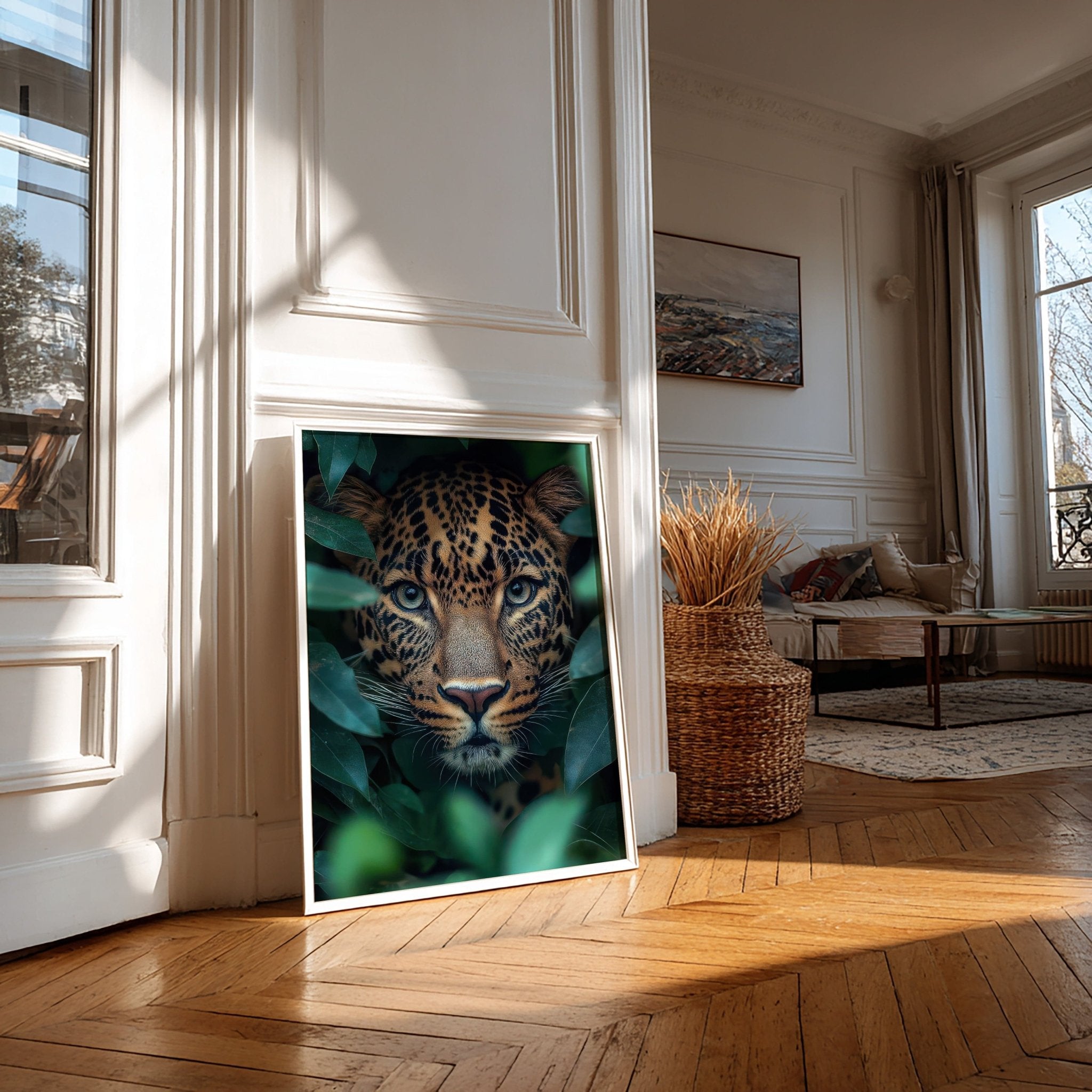 Framed artwork of a leopard in a room with wooden floor and large windows