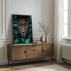 Wooden sideboard with a television displaying a leopard's face in a room with a window and radiator.