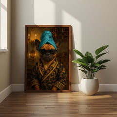 Framed artwork of a dog in a bathrobe and turban on a wall next to a plant.