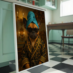 Framed picture of a dog wearing a blue turban and patterned robe in a room with a checkered floor.