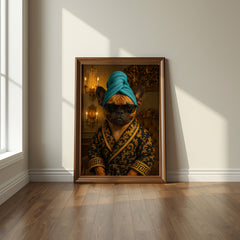 Framed artwork of a dog wearing a blue turban and robe in a room with sunlight streaming through a window.