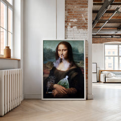Framed artwork of a stylized version of Mona Lisa in a modern living room.
