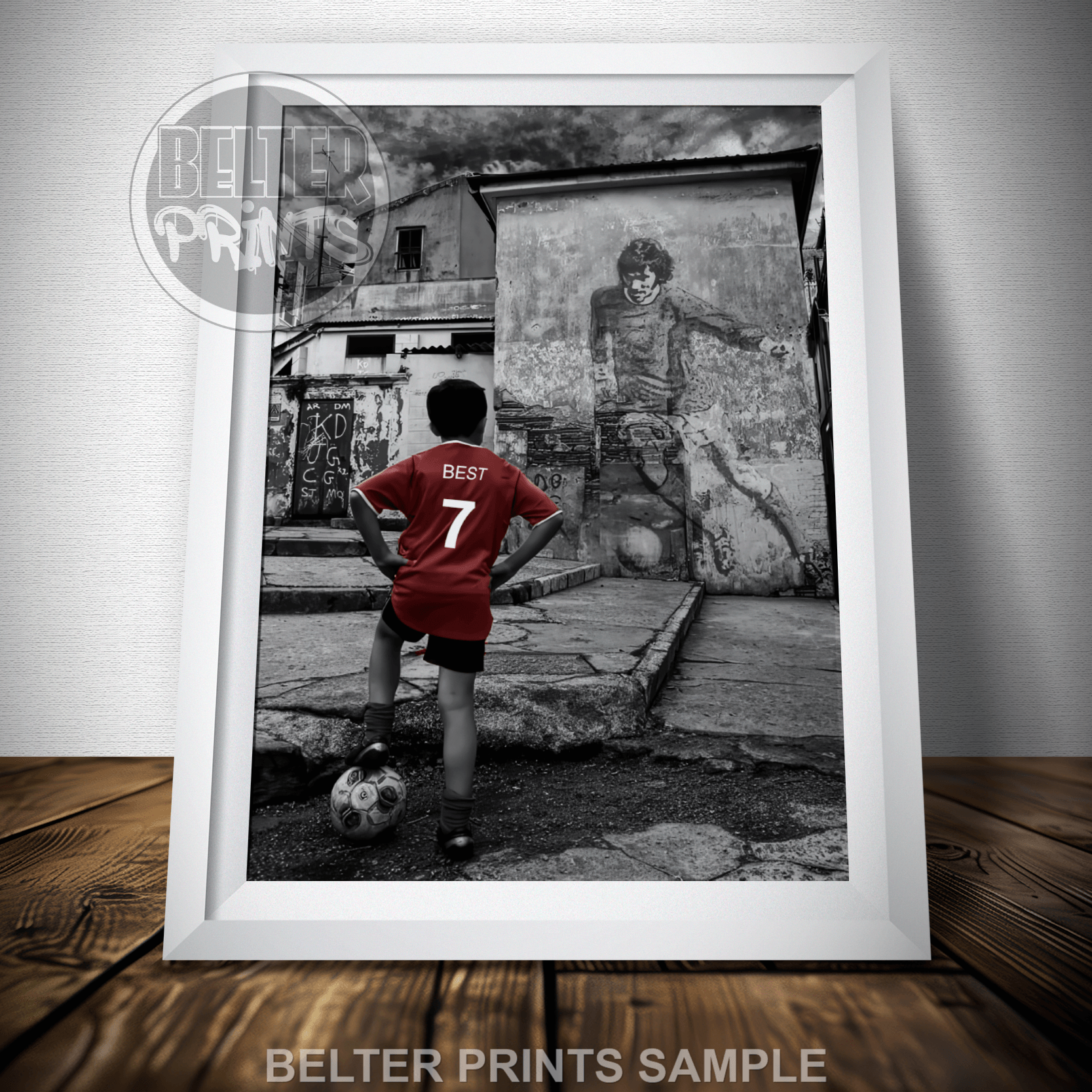 boy with football mural print, grayscale urban sports decor