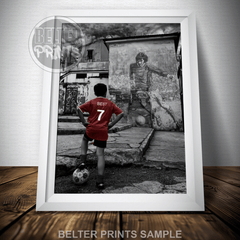 boy with football mural print, grayscale urban sports decor