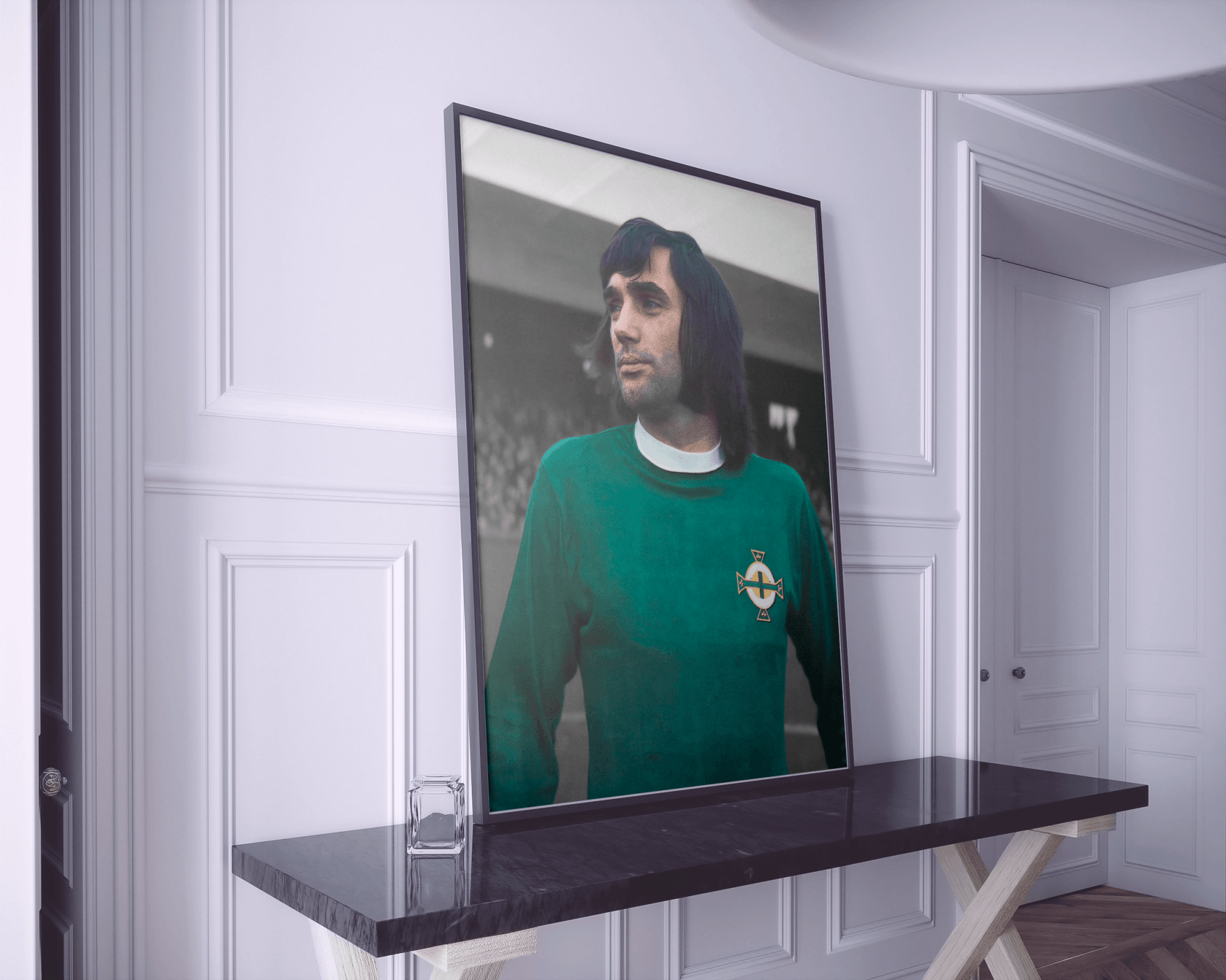 iconic player tribute art, NI football hero wall print, retro style football photo, george best classic kit art