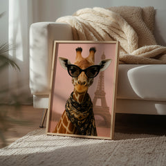 Framed picture of a giraffe wearing sunglasses with the Eiffel Tower in the background, placed on a surface.