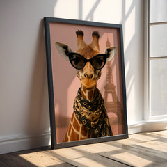Framed artwork of a giraffe wearing sunglasses with the Eiffel Tower in the background