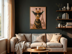 Living room with a giraffe wearing sunglasses and a scarf in front of the Eiffel Tower, a beige sofa, and a shelf with decorative items.
