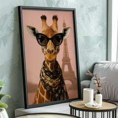 Framed artwork of a giraffe wearing sunglasses with the Eiffel Tower in the background, displayed on a wall.