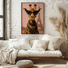 Living room with a giraffe wearing sunglasses and a scarf in front of the Eiffel Tower on a wall.