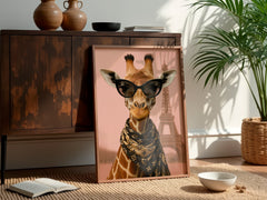 Framed picture of a giraffe wearing sunglasses on a wooden cabinet with decorative items.