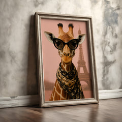 Framed artwork of a giraffe wearing sunglasses with the Eiffel Tower in the background.